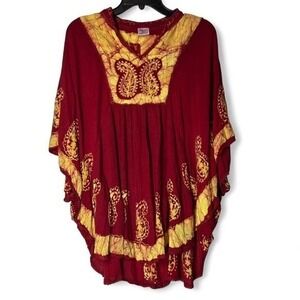 Advance Apparels Red Yellow Paisley Batik Poncho Tunic Kaftan FS Tie-Dye Boho